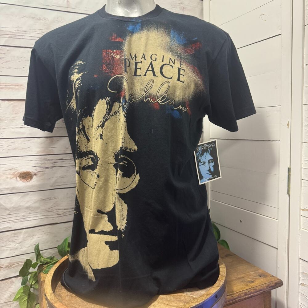 John Lennon Men's Imagine Peace Graphic T-shirt Black Face British Flag XL VTG